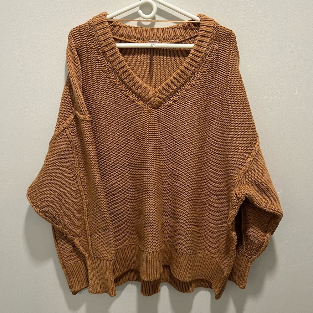 Free People Brown Oversized V-Neck Sweater